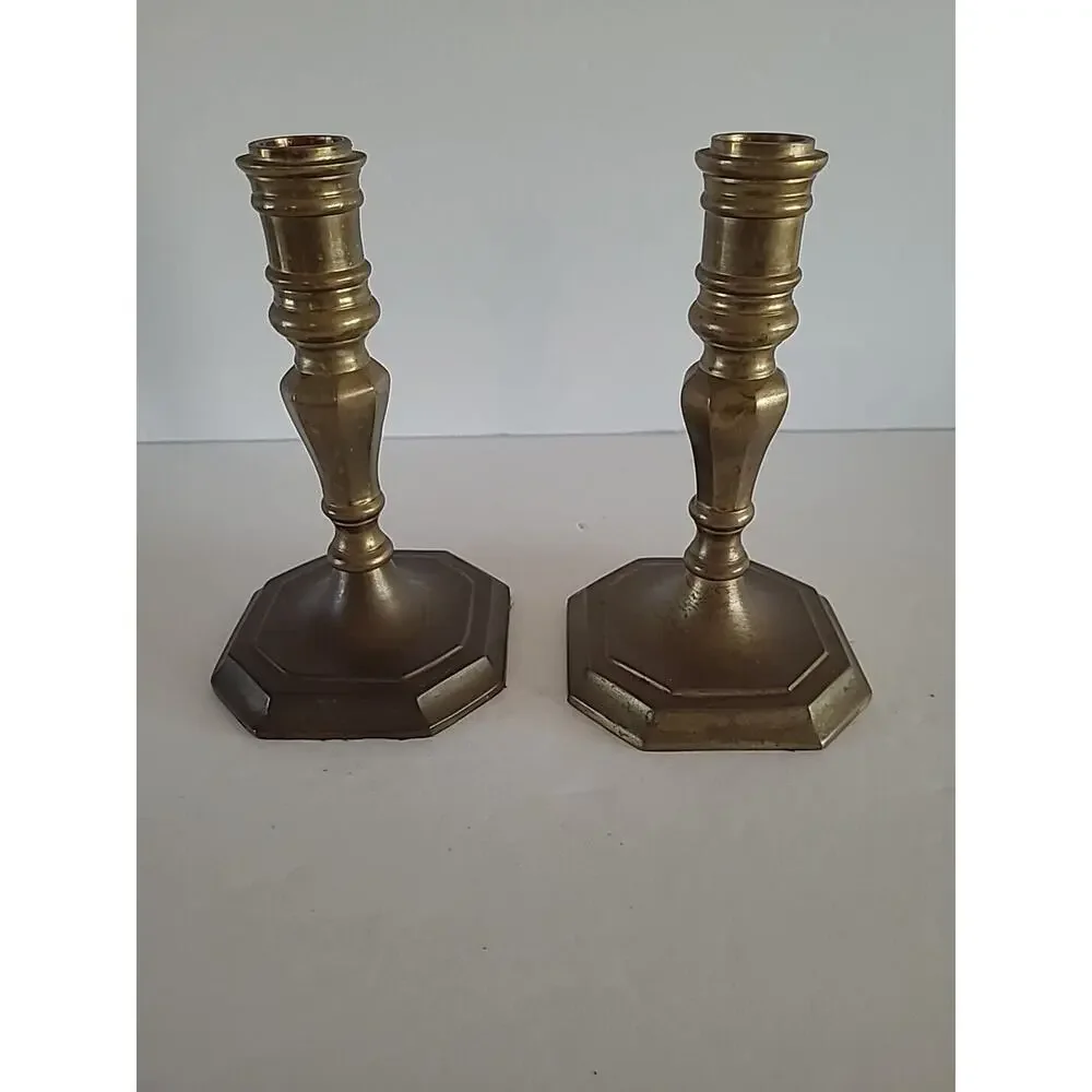 Antiqued Brass Taper Candleholders 7 Inches Heavy Square Base Made in India